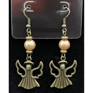 Handmade Brass Tone Angel with Faux Pearl & Brass Bead Earrings by Neanie-Bot